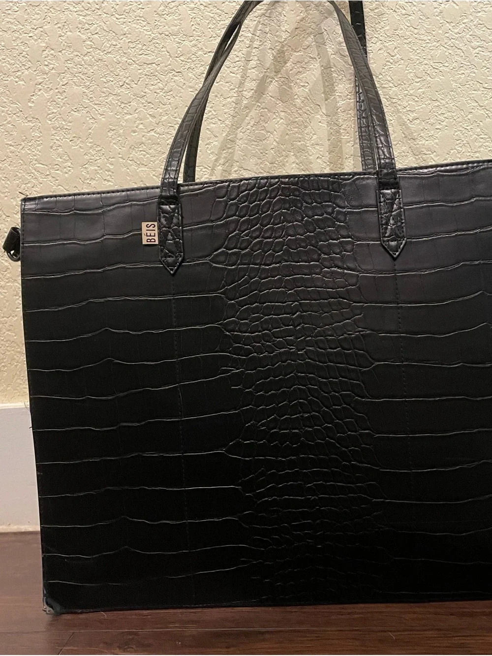 BEIS Black Croc-Embossed Structured Work Tote